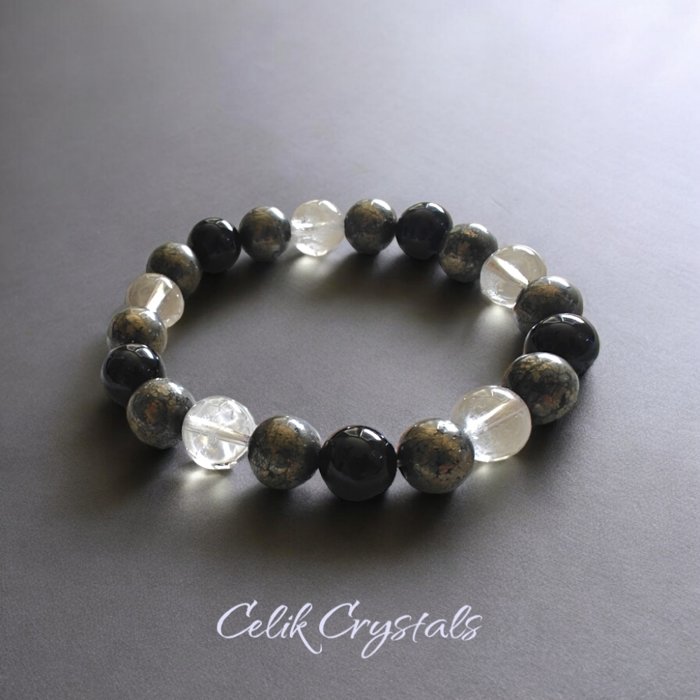 Pyrite Clear Quartz and Onyx Bracelet Natural Stones 10mm Unisex - Picture 3 of 6